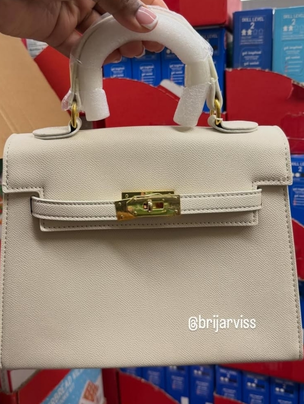 Structured Cream Top-Handle Satchel with Gold Hardware